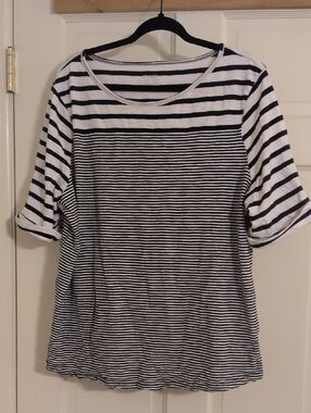 Chico's Black and White Striped Boatneck Short Sleeve Top